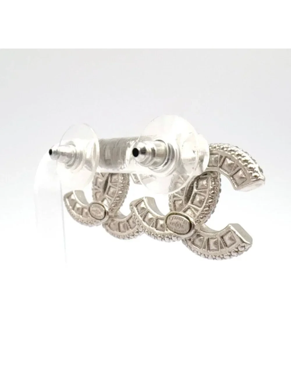 Chanel CC Logo Metal Rhinestone Color Stone Silver Black Earrings